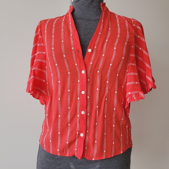 Anthropologie Maeve Aveiro Ruffle Sleeve Striped Short Sleeve Blouse - Picture 4 of 13